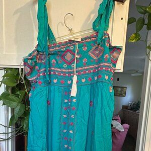 NWT 2X Savanna Jane Embroidered Lined Mexican South Western Turquoise Maxi Dress